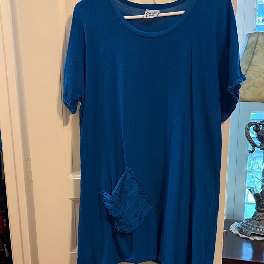 Oh My Gauze Blue Curved Hem Short Sleeve Tunic -